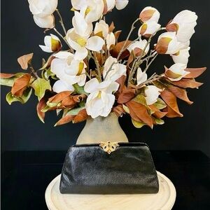 Vintage Judith Leiber Black Karung Lizard Clutch with Jeweled Pearl Clasp.